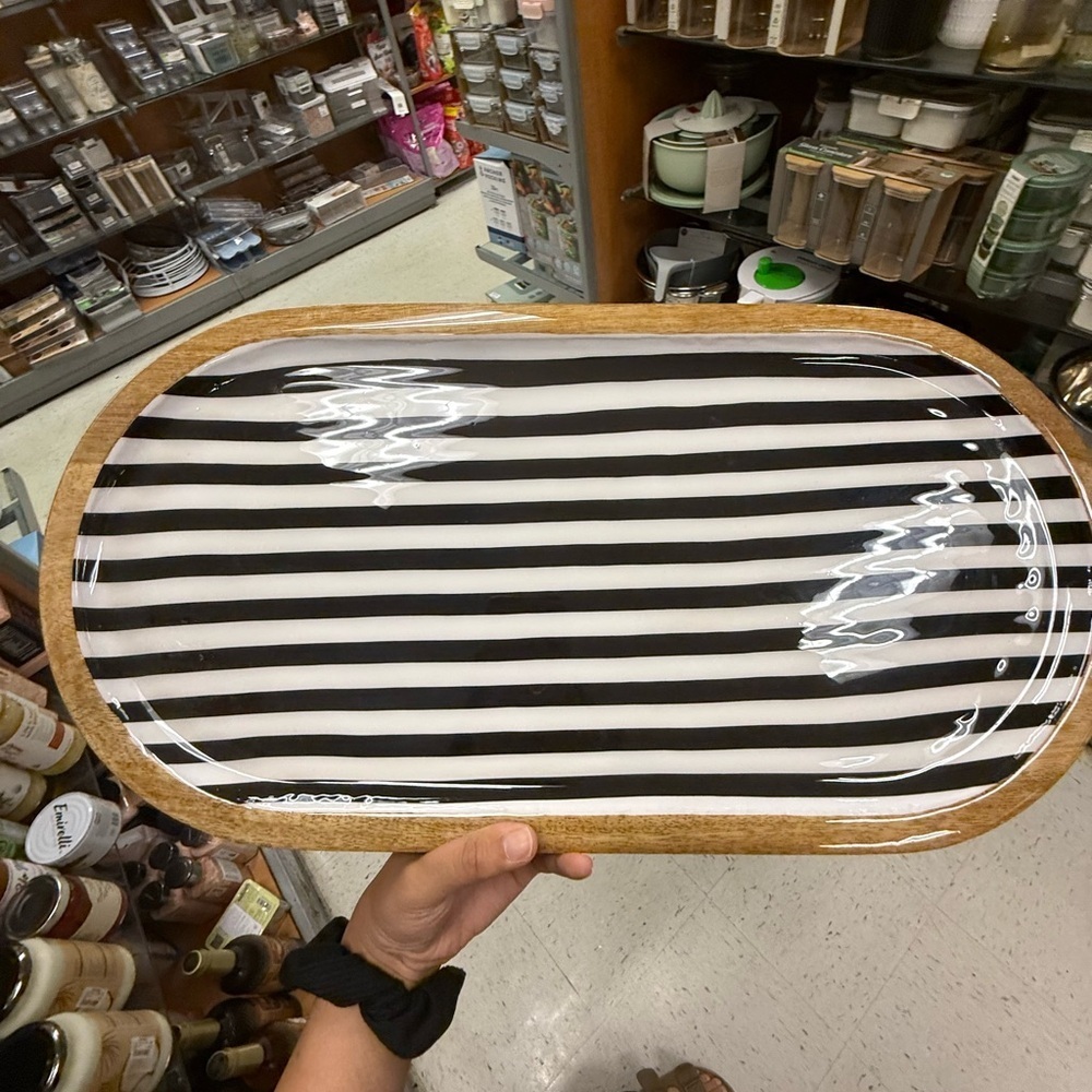 Black and White Striped Oval Tray